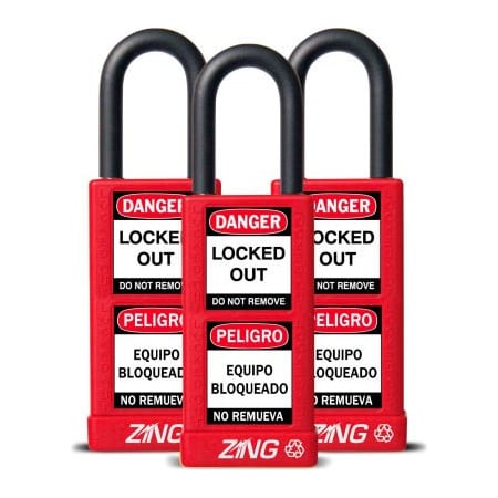 Zing ZING RecycLock Safety Padlock, Keyed Alike, 1-1/2" Shackle, 3" Long Body, Red, 3 Pack, 7086 7086